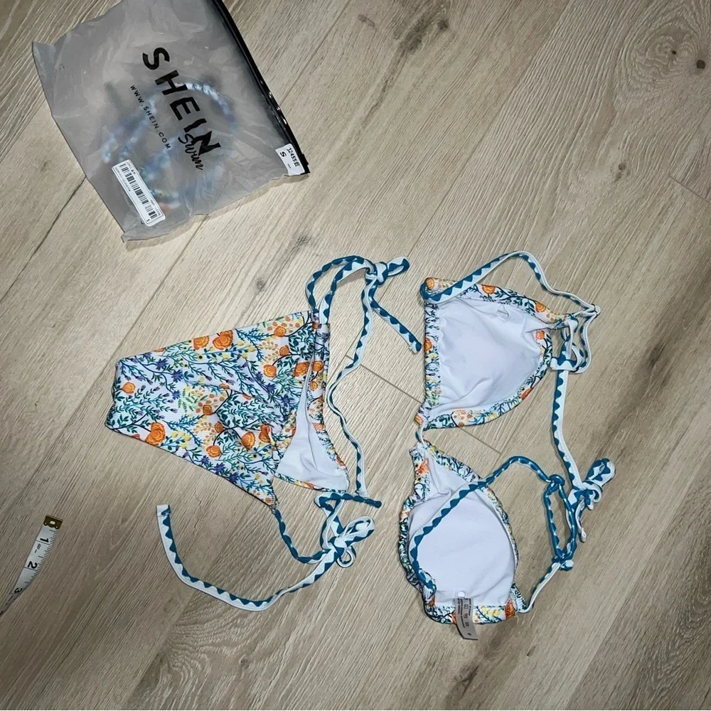 NWT SHEIN blue white and orange 2 piece bikini small - Picture 6 of 6